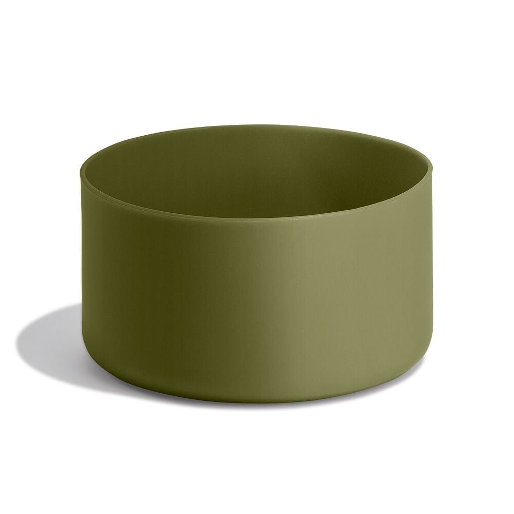 Olive-green cylindrical Hydro Flask container with smooth matte sides, wide open top, and rounded bottom edges. Minimalist modern design.