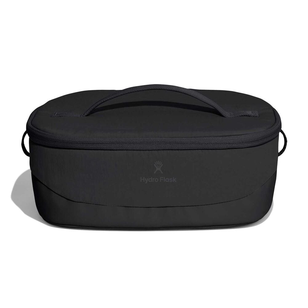 Black Hydro Flask soft-sided insulated lunch bag with oval shape, zippered lid, sturdy top handle, small side loops, reinforced bottom, and subtle logo.