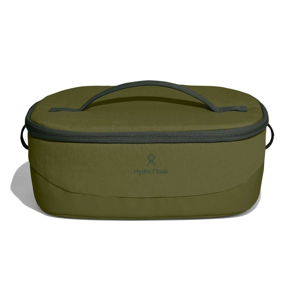 Compact olive-green Hydro Flask soft cooler bag with oval shape, zip-around lid, sturdy top handle, small side handles, and Hydro Flask logo on front.