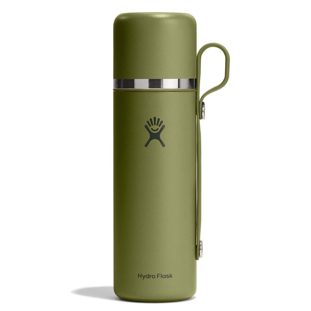Olive-green Hydro Flask thermos with smooth matte finish, silver metallic band near top, matching side handle, and Hydro Flask logo. Sleek cylindrical design.