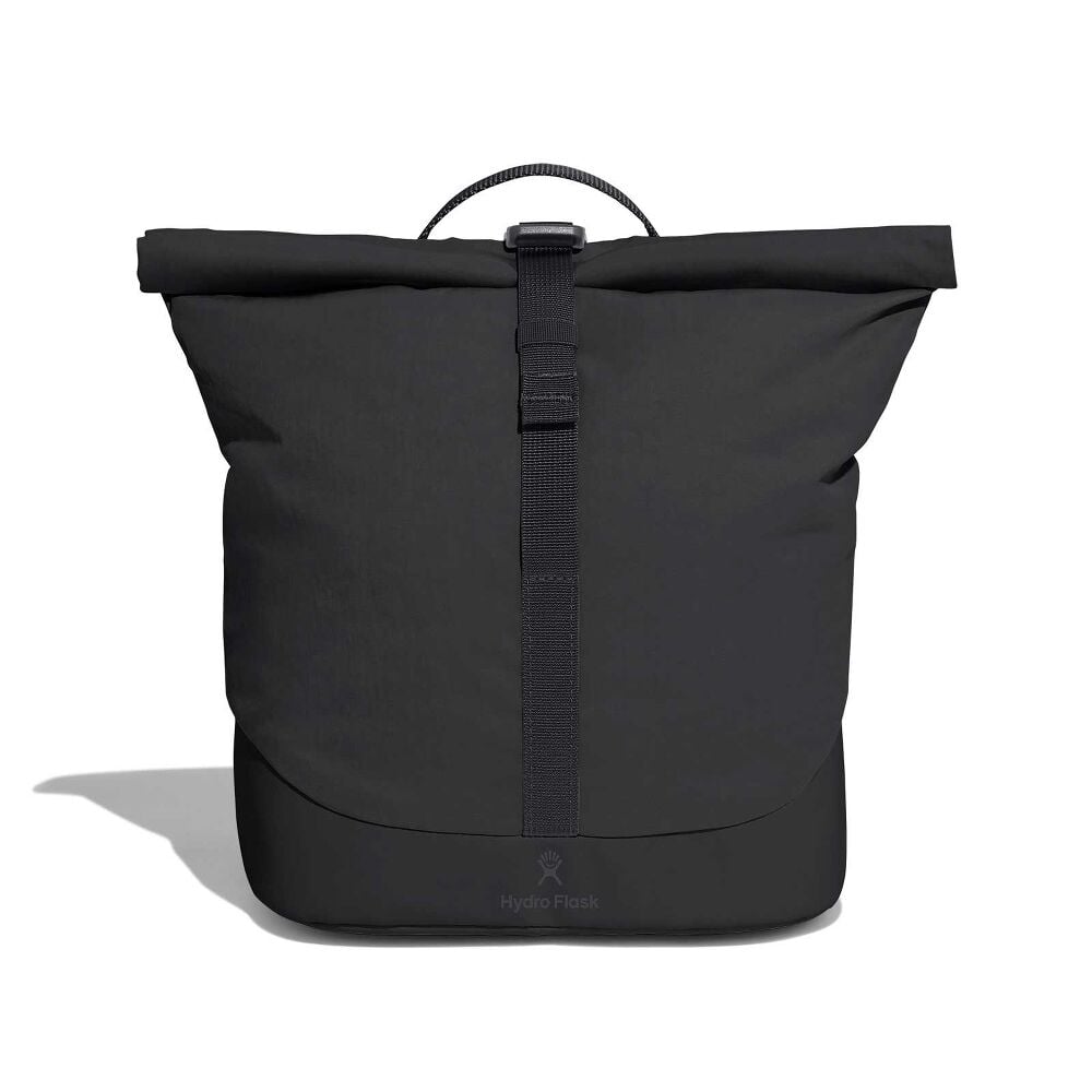 Black Hydro Flask roll-top backpack with central webbing strap and buckle, small loop handle, reinforced lower section, and subtle logo near the base.