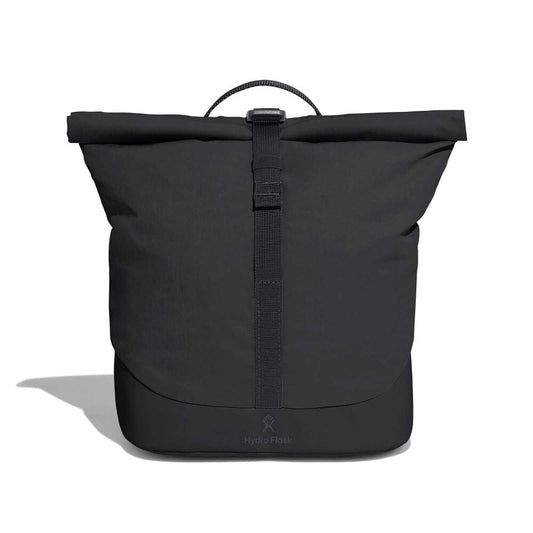 Black Hydro Flask roll-top backpack with central webbing strap and buckle, small loop handle, reinforced lower section, and subtle logo near the base.