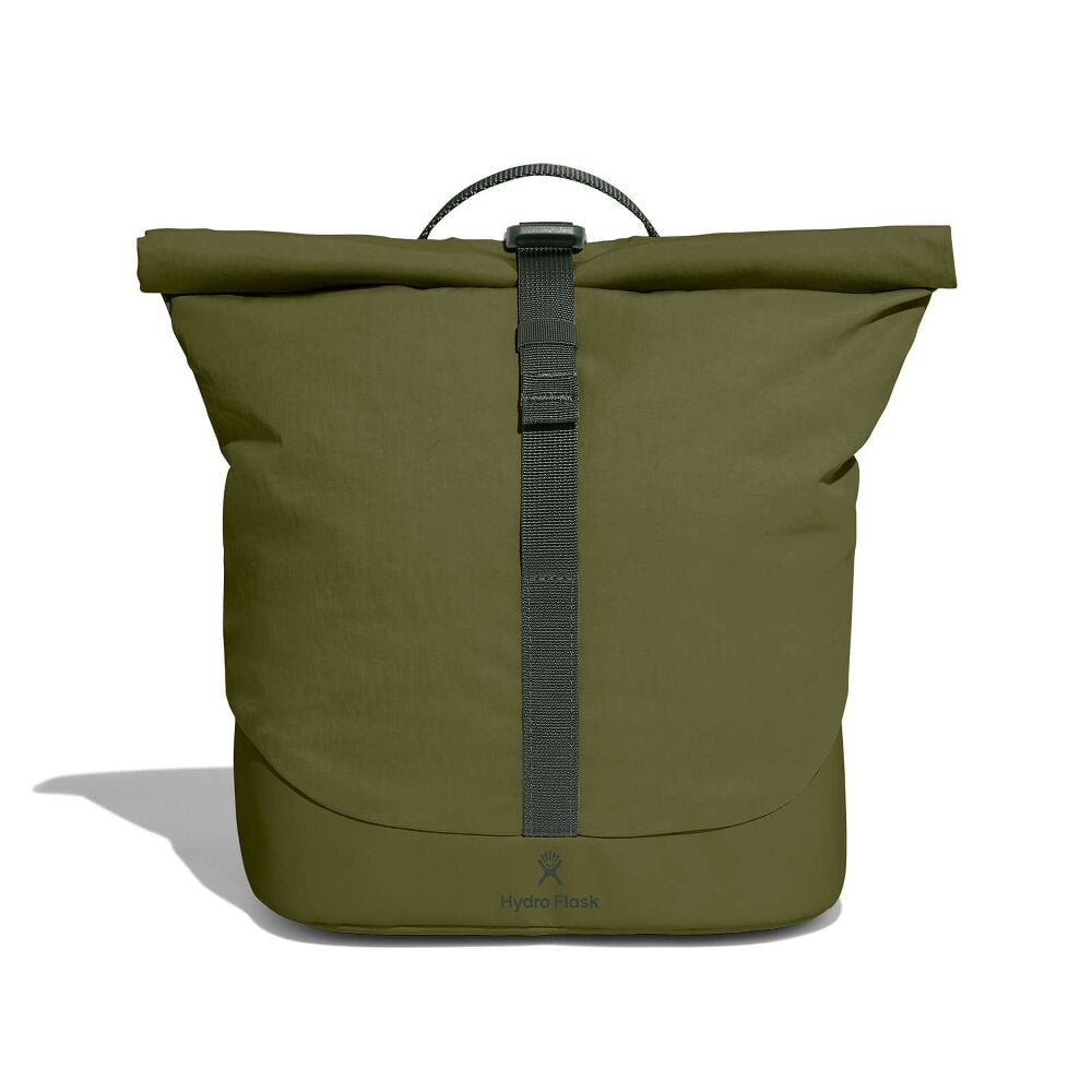 Olive-green Hydro Flask roll-top backpack with central webbing strap and buckle, sturdy bottom panel, small top handle, and logo near front base.