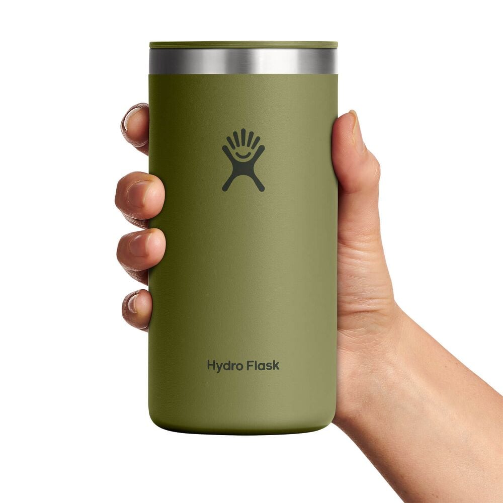 Olive-green Hydro Flask insulated tumbler with matte finish, stainless-steel rim, matching green sip lid, and Hydro Flask logo on front. Slightly tapered cylindrical shape.