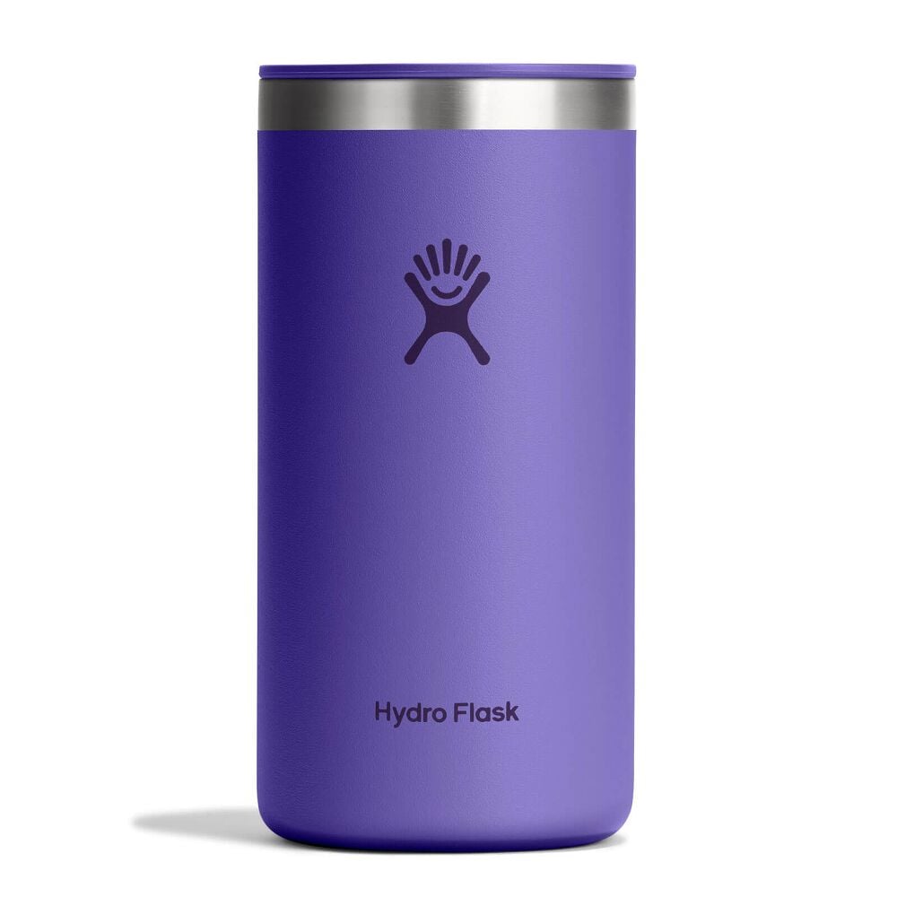 Purple Hydro Flask tumbler with stainless steel rim, matching purple sip lid, matte textured finish, and Hydro Flask logo on front. Clean cylindrical design.