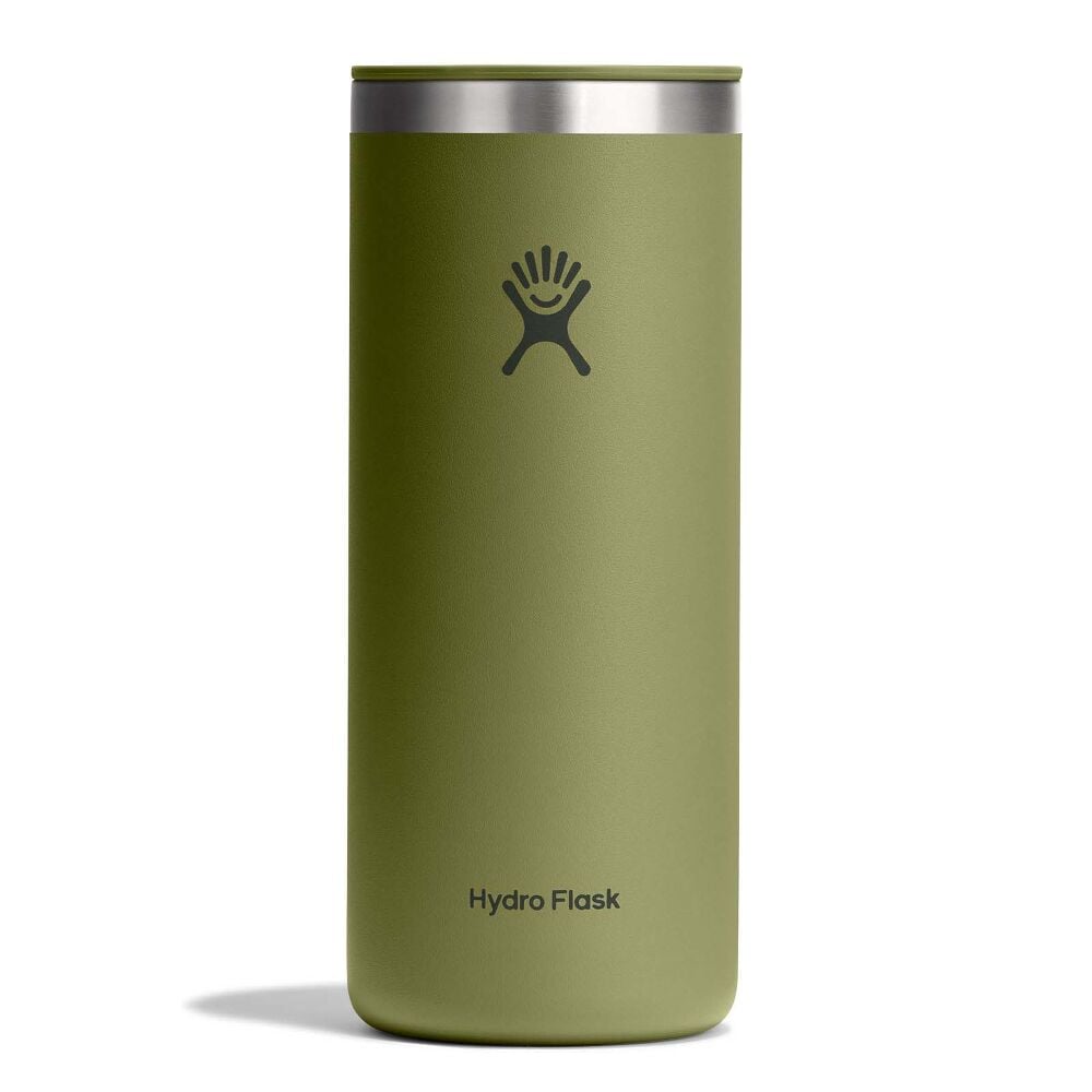 Green Hydro Flask insulated tumbler with matte finish, stainless steel rim, built-in sip lid, and Hydro Flask logo with brand name near base. White background.