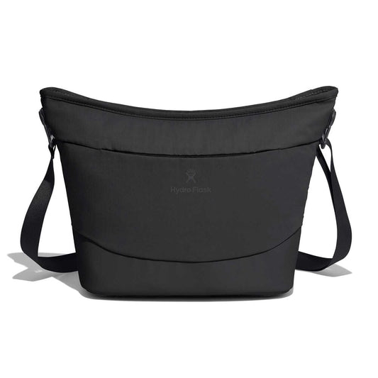 Black Hydro Flask insulated tote cooler bag with wide curved top, smooth exterior, rugged lower panel, adjustable shoulder strap with plastic hardware, and centered logo.