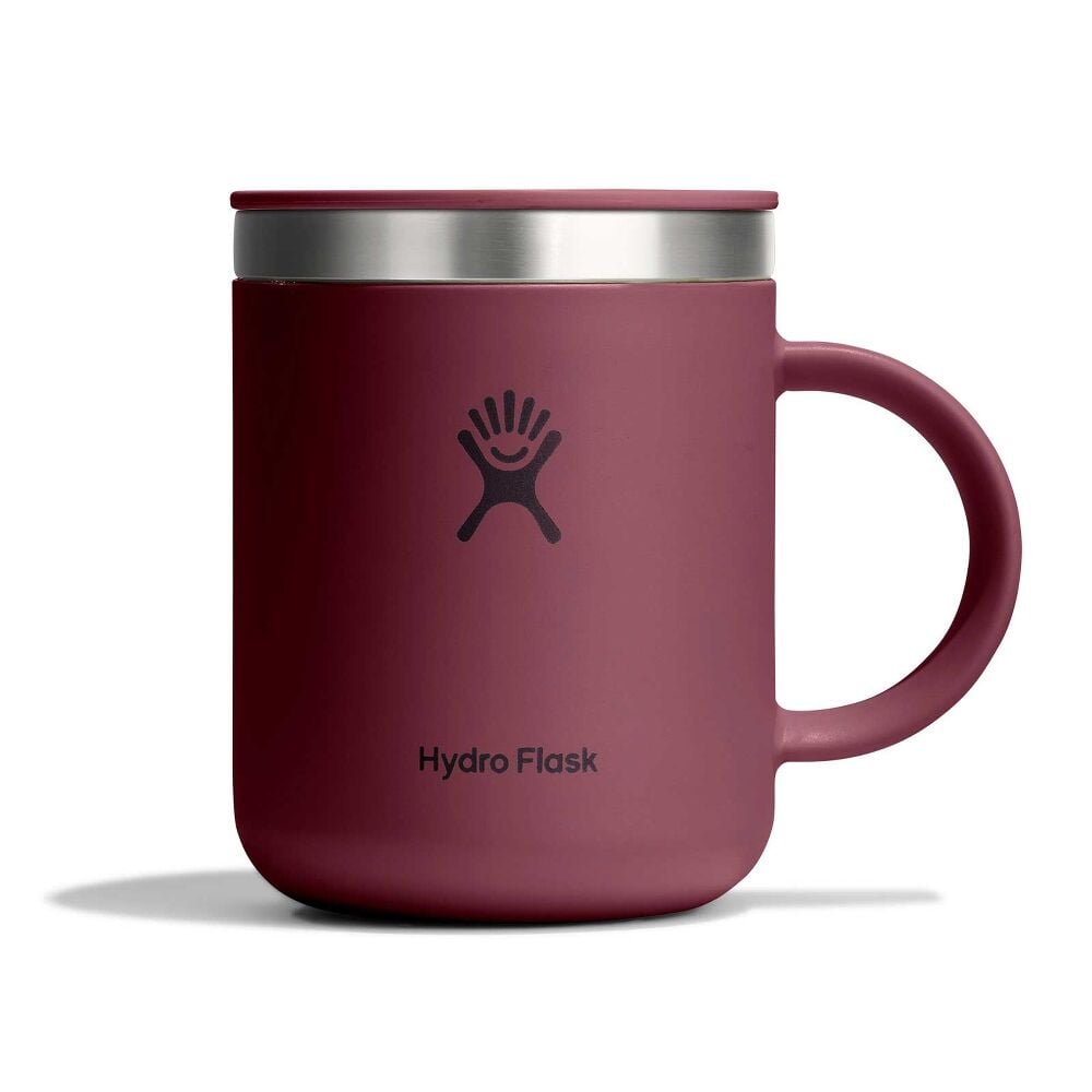 Maroon Hydro Flask insulated mug with handle, matte finish, stainless-steel rim, sliding sip opening, and Hydro Flask logo on front. Studio lighting on white background.