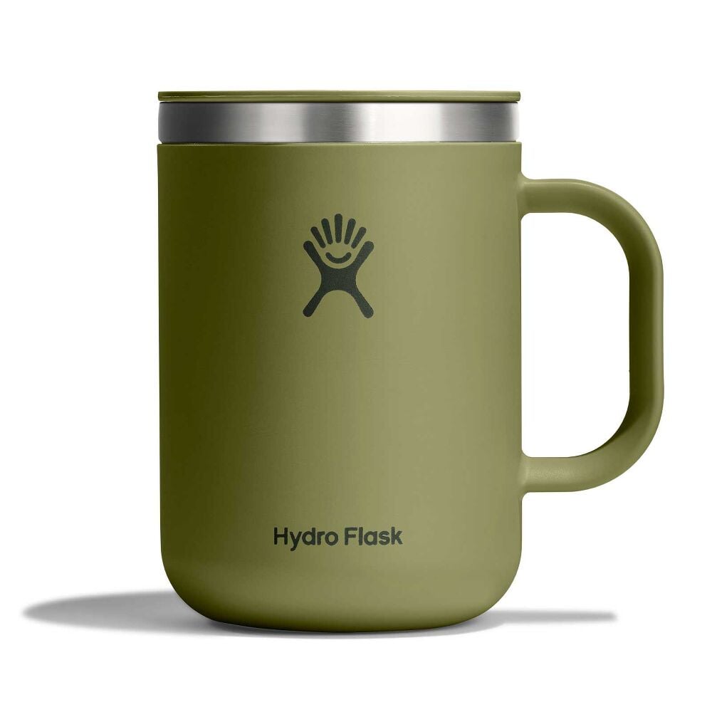 Olive green Hydro Flask insulated mug with handle, matching green lid, stainless steel rim, small sliding sip opening, and Hydro Flask logo on front.