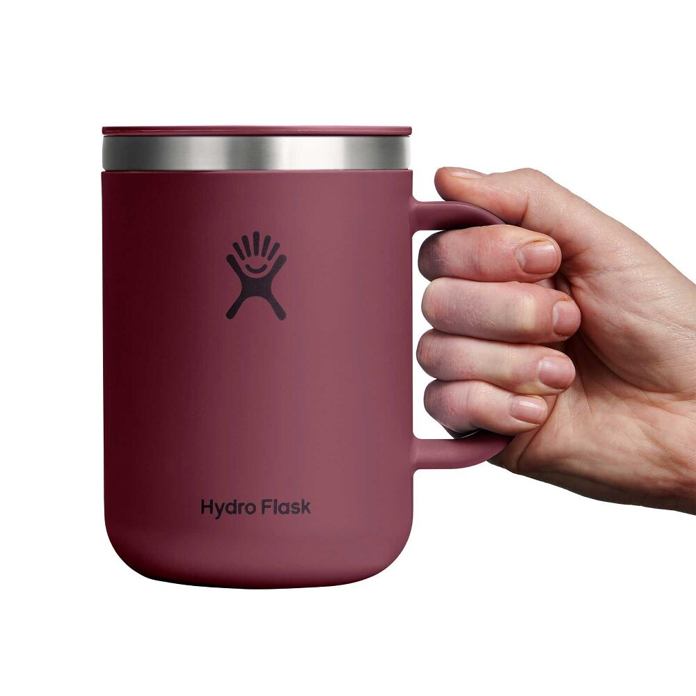 Matte maroon Hydro Flask insulated mug with handle, matching lid, stainless steel band at top edge, small sipping opening, and Hydro Flask logo on front.