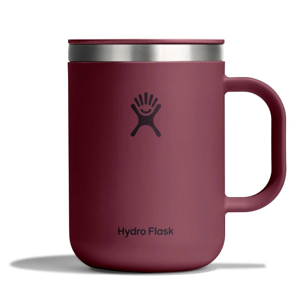 Matte maroon Hydro Flask insulated mug with handle, matching lid, stainless steel band at top edge, small sipping opening, and Hydro Flask logo on front.