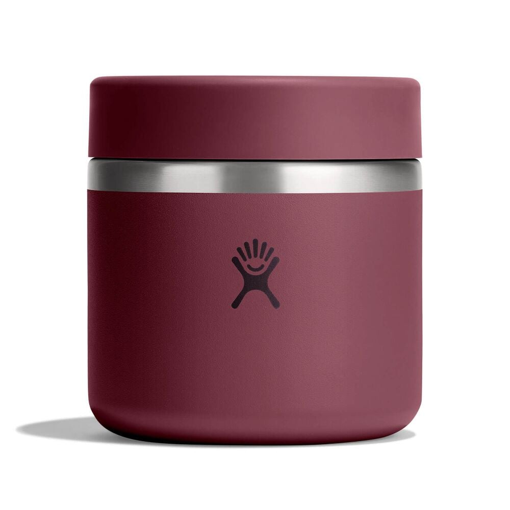 Maroon Hydro Flask cylindrical insulated food jar with matte finish, wide flat screw-on lid, brushed stainless-steel band on upper body, and Hydro Flask logo on front.
