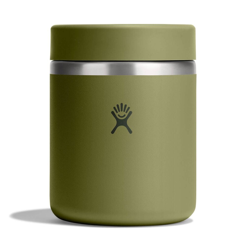 Olive green Hydro Flask insulated container with smooth matte finish, wide cylindrical shape, flat lid, brushed stainless-steel band at top, and logo on front.