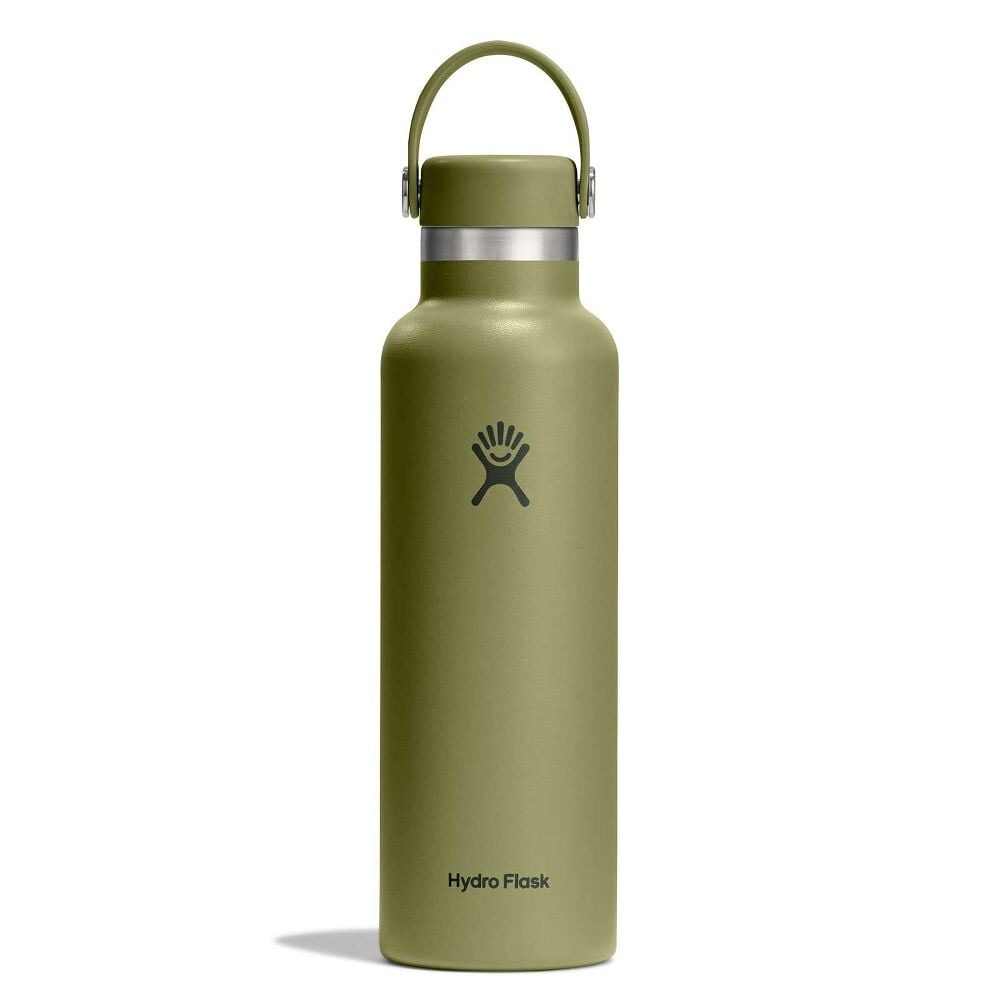 Green Hydro Flask water bottle with matte finish, wide mouth, stainless steel band at neck, matching green flex strap lid with carry handle, and logo on front.