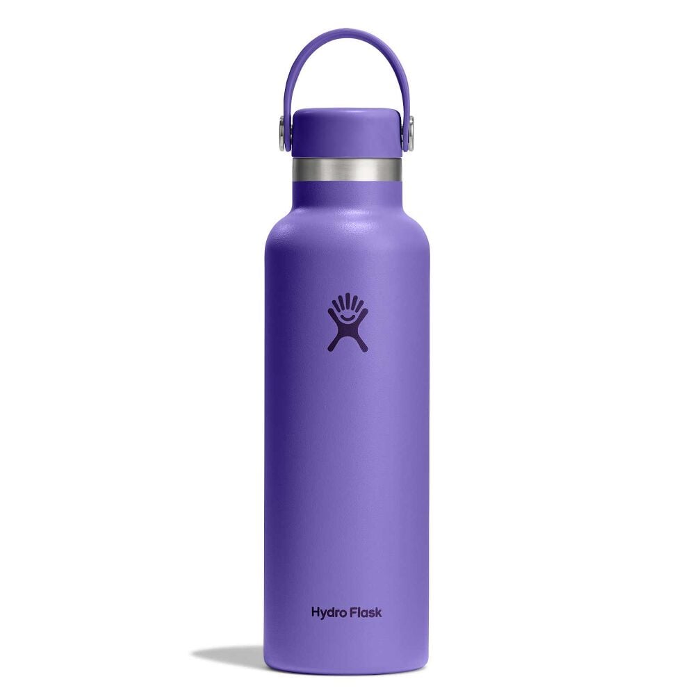 Purple Hydro Flask wide-mouth water bottle with stainless steel band below cap, matching purple flex strap handle, matte textured finish, and logo on front.