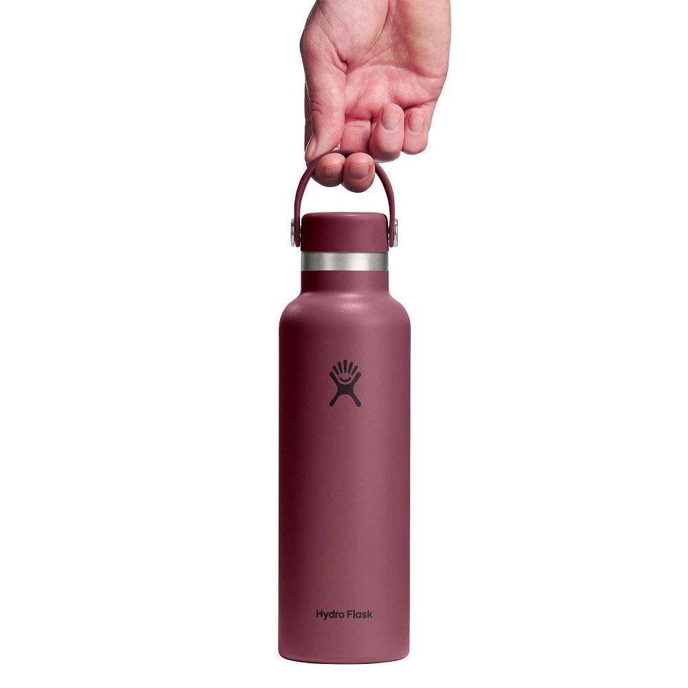 Maroon Hydro Flask water bottle with matte finish, wide mouth, stainless-steel neck band, matching cap with carry handle on metal pivots, and logo on front.