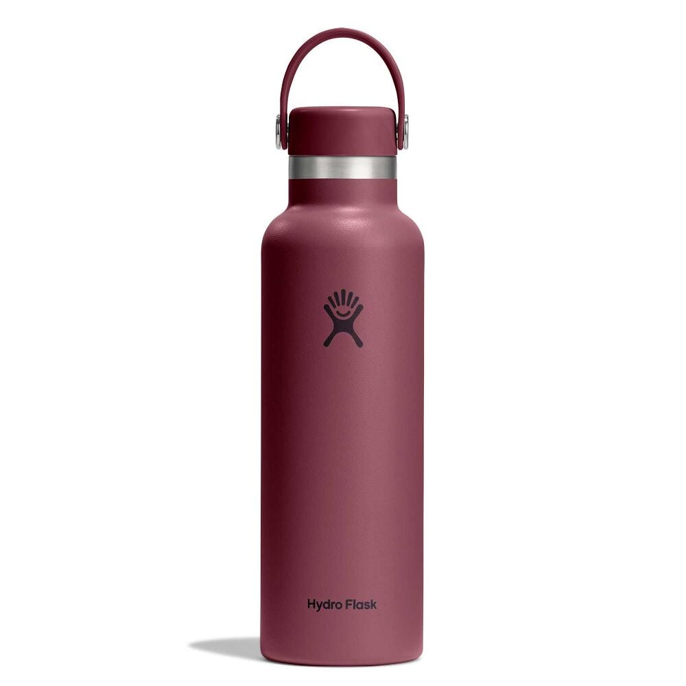 Maroon Hydro Flask water bottle with matte finish, wide mouth, stainless-steel neck band, matching cap with carry handle on metal pivots, and logo on front.