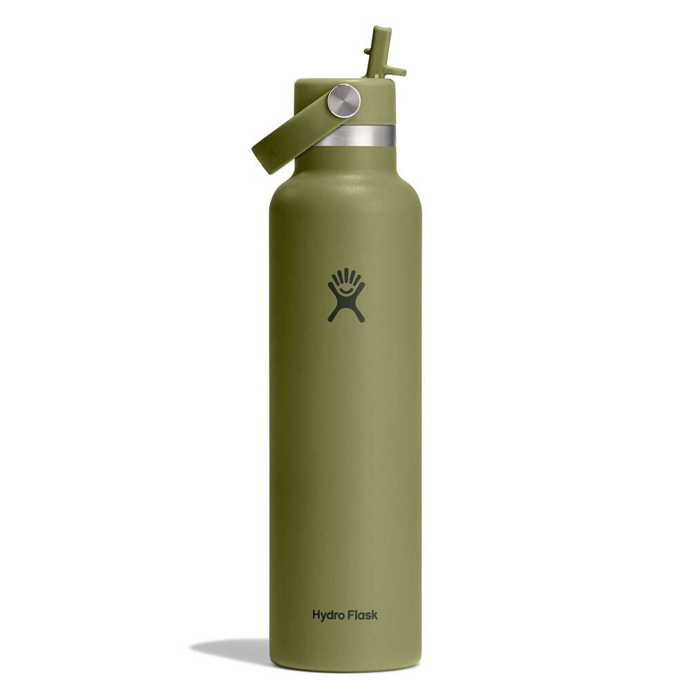 Olive-green Hydro Flask wide-mouth water bottle with powder-coated finish, screw-on lid, carry handle on metal pins, silver neck band, and logo on front.