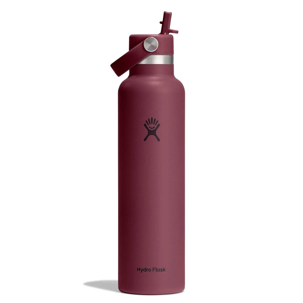 Maroon Hydro Flask wide-mouth water bottle with matte finish, screw-top lid, carry handle on metal pins, silver neck band, and Hydro Flask logo on front.
