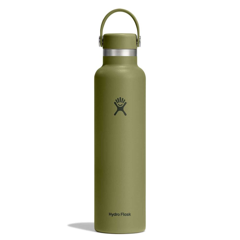 Olive green Hydro Flask wide-mouth water bottle with matte finish, stainless steel band, flexible carry handle with metal rivets, and Hydro Flask logo on front.