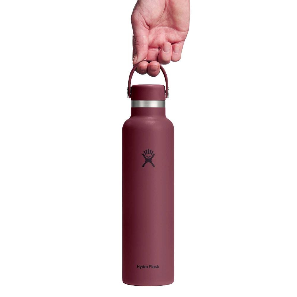 Maroon Hydro Flask wide-mouth water bottle with silver metallic band, matching cap with flexible carry handle on metal pins, matte surface, and Hydro Flask logo.