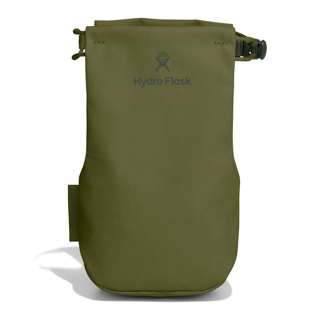 Olive-green Hydro Flask accessory pouch with rectangular shape, rounded bottom, roll-top strap and buckle closure. "Tumbler Pocket" side pocket, and logo on front.