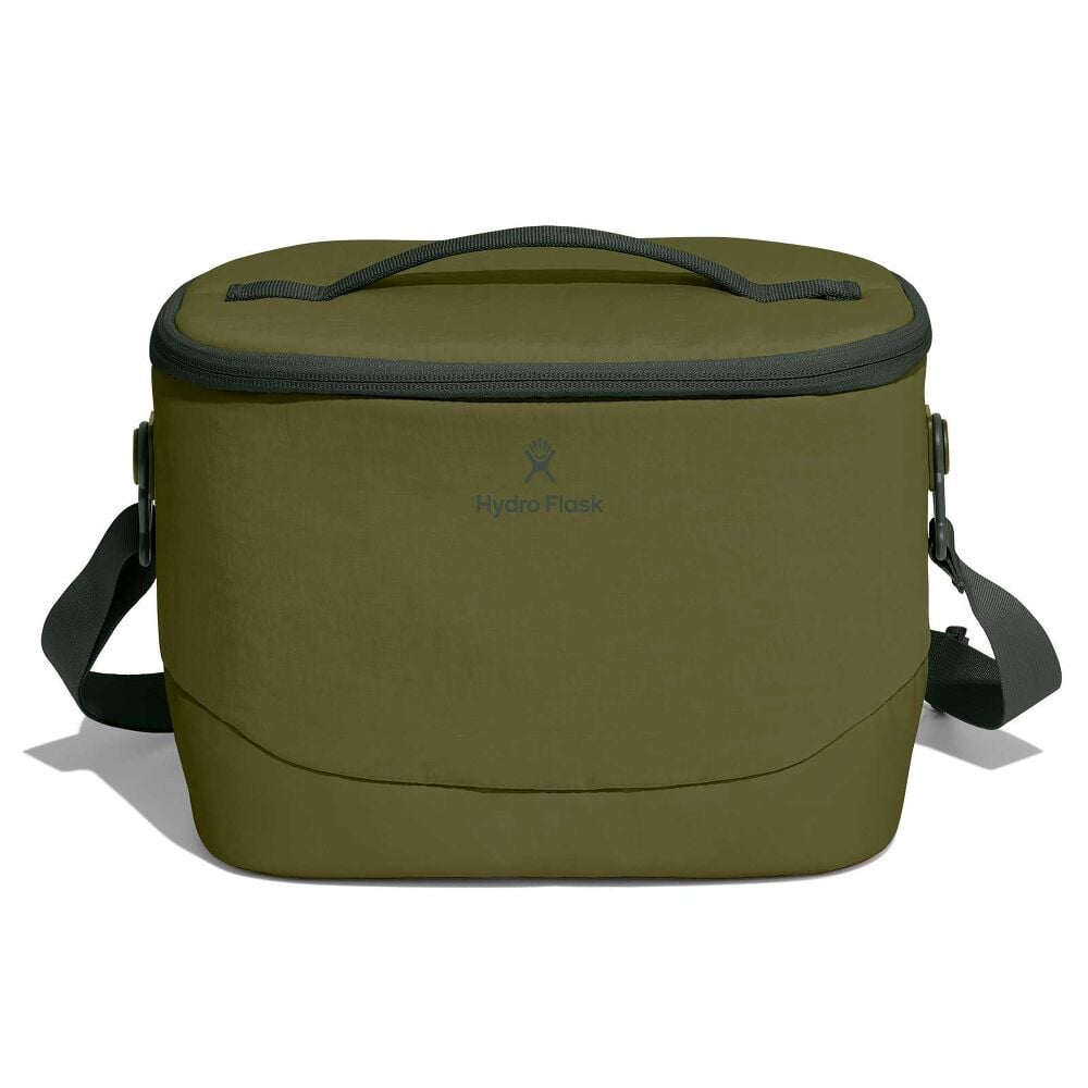 Olive-green Hydro Flask soft-sided cooler with rounded rectangular shape, zippered lid, sturdy top carry handle, and long adjustable shoulder strap with plastic hardware.
