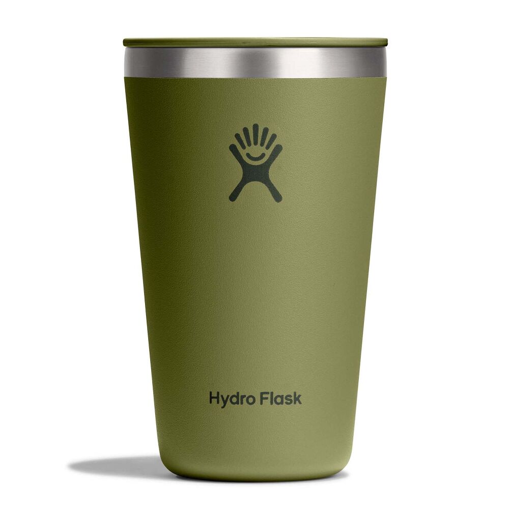 Olive-green Hydro Flask insulated tumbler with lid, stainless-steel rim, small sip opening, matte finish, and Hydro Flask logo on front. Modern design.