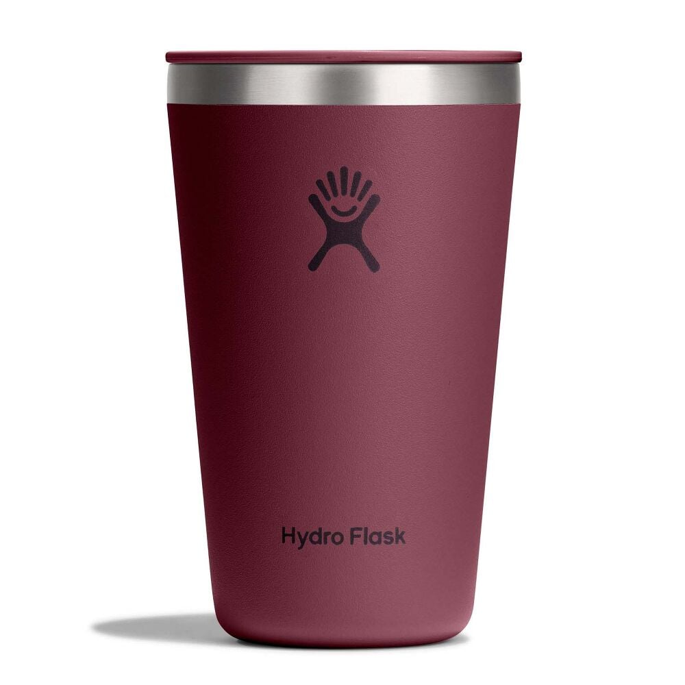 Maroon Hydro Flask insulated tumbler with stainless-steel rim, matching lid with sip slider, smooth matte tapered finish, and Hydro Flask logo on front.
