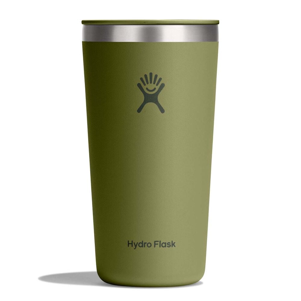 Olive-green Hydro Flask insulated tumbler with lid, stainless steel rim, flip-style sip opening, matte textured finish, and Hydro Flask logo on front.